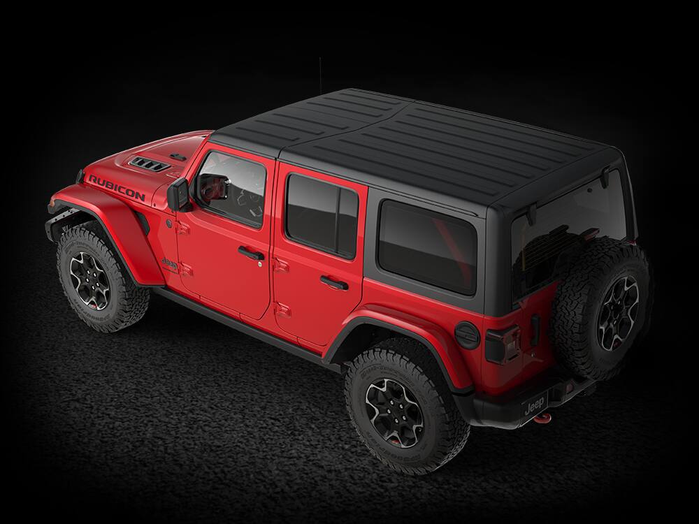 Jeep Wrangler, червоний колір, Чорний трисекційний жорсткий дах Freedom Top